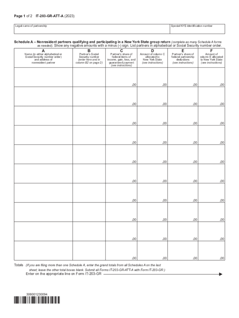  Form it 203 GR ATT a Schedule a New York State Group Return for Nonresident Partners Tax Year 2023-2024