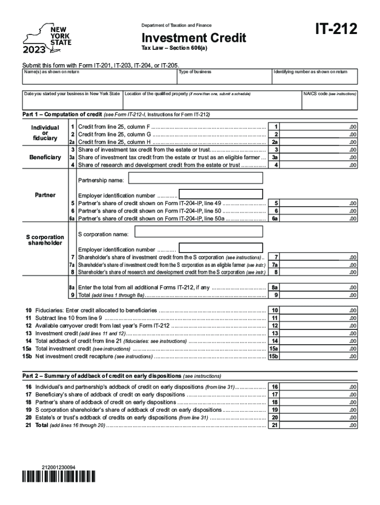  New York Form it 212 Investment Credit 2023-2024