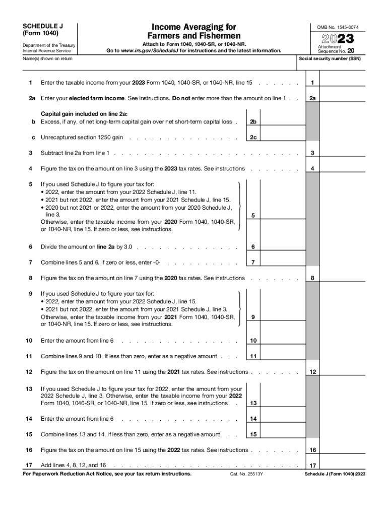  Schedule J Form 1040 Income Averaging for Farmers and Fishermen 2023-2024