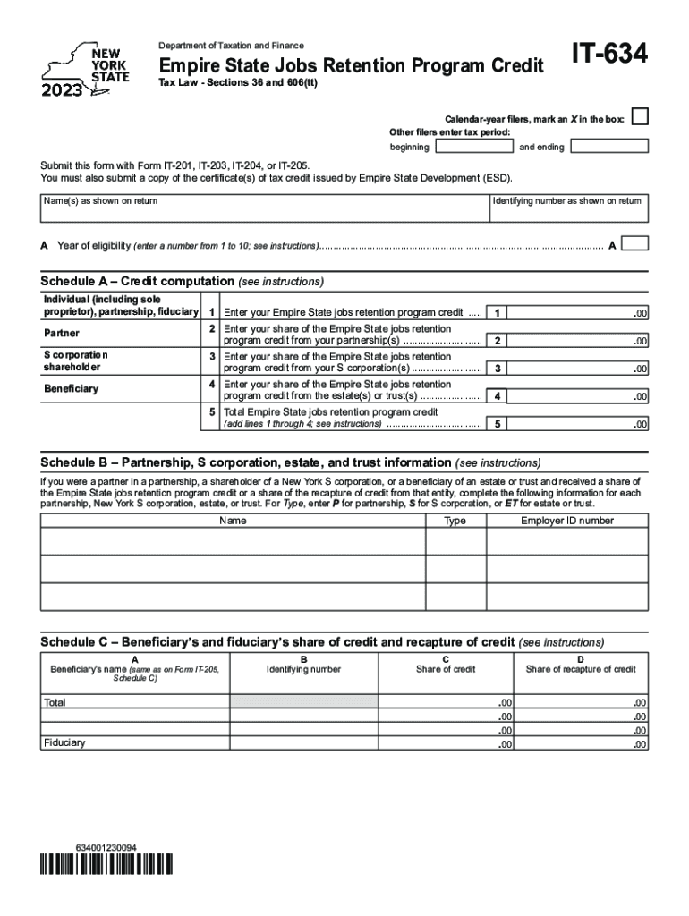  Form it 634 Empire State Jobs Retention Program Credit Tax Year 2023-2024