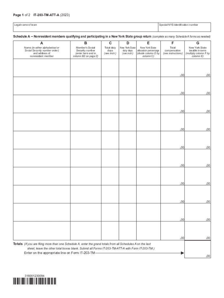  Form it 203 TM ATT a Schedule a Group Return for Nonresident Athletic Team Members Tax Year 2023-2024