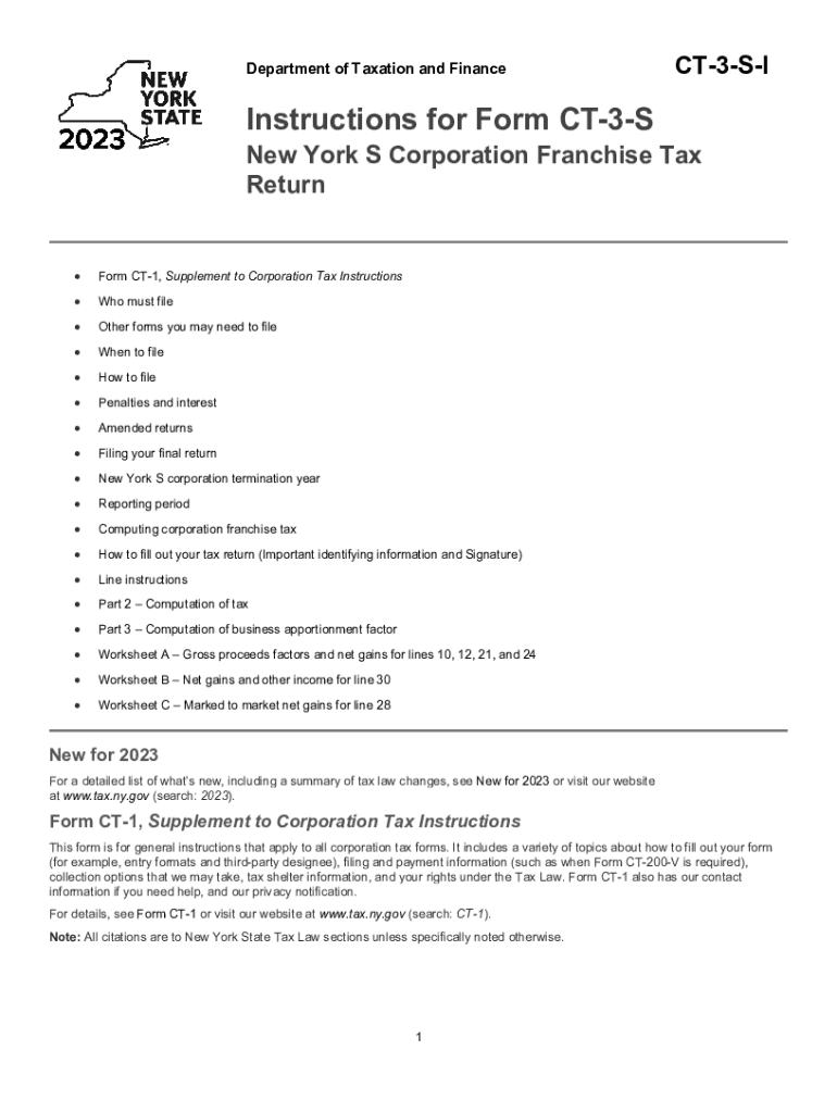  Instructions for Form CT 3 S, New York S Corporation Franchise Tax Return 2023-2024