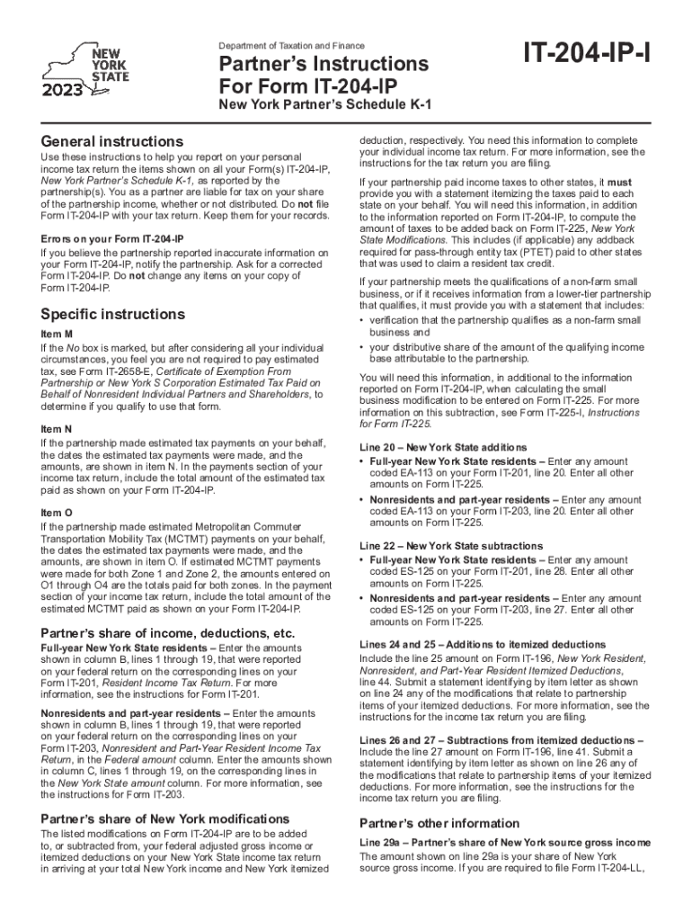  Instructions for Form it 204 IP New York Partners Schedule K 1 Tax Year 2023-2024