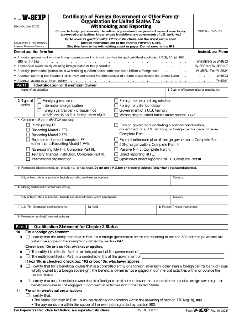  Form W 8EXP Rev October Certificate of Foreign Government or Other Foreign Organization for United States Tax Withholding and Re 2023-2024