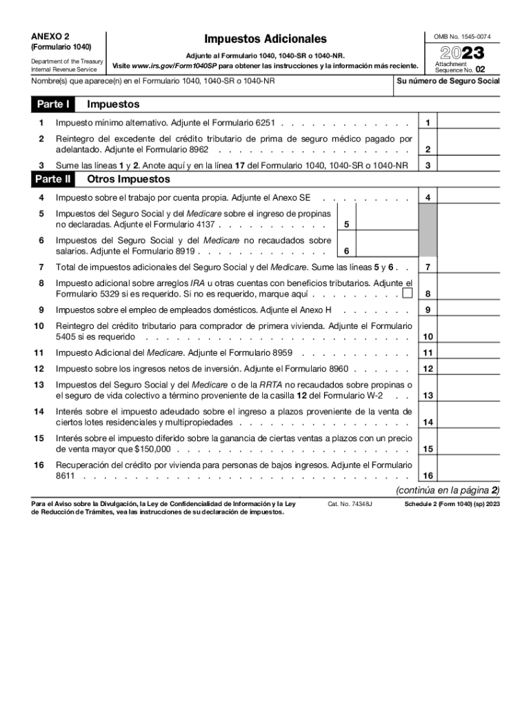  Schedule 2 Form 1040 Sp Additional Taxes Spanish Version 2023-2024