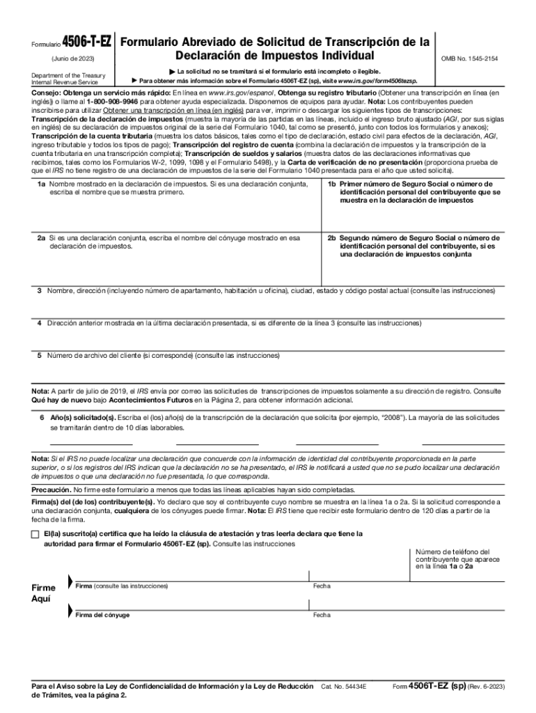  Form 4506 T EZ Sp Rev 6 Short Form Request for Individual Tax Return Transcript Spanish Version 2023-2024