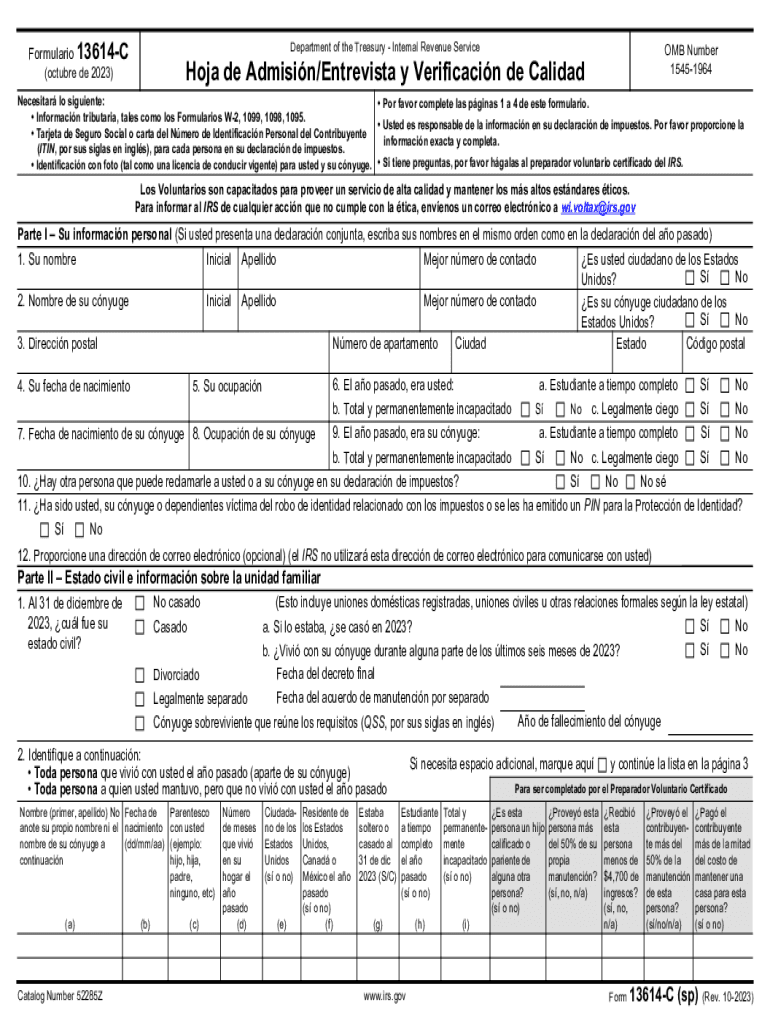  Form 13614 C Sp Rev 10 IntakeInterview &amp;amp; Quality Review Sheet Spanish Version 2023-2024