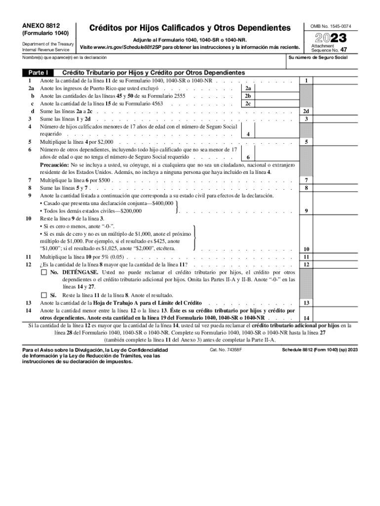  Schedule 8812 Form 1040 Sp Credits for Qualifying Children and Other Dependents Spanish Version 2023-2024