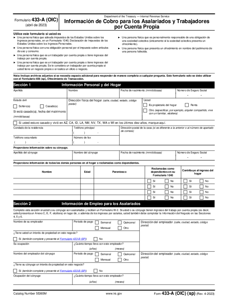  Form 433 a OIC Sp Rev 4 Collection Information Statement for Wage Earners and 2023-2024
