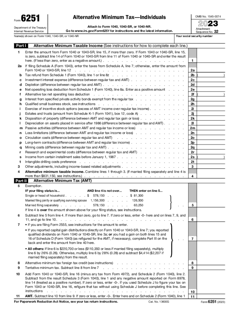  Form 6251 Alternative Minimum Tax Individuals Overview 2023-2024