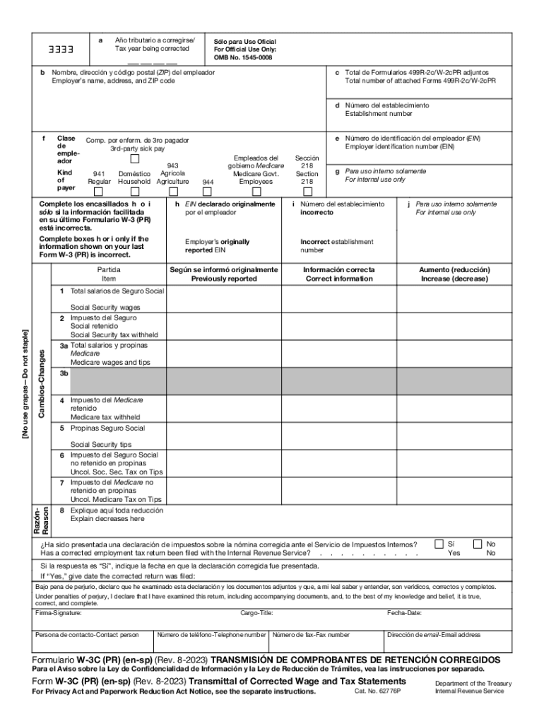  Form W 3C PR Rev August Transmittal of Corrected Wage and Tax Statements Puerto Rican Version 2023-2024