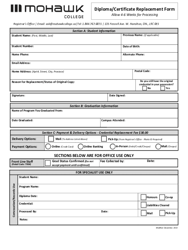 Get Replacement Diploma or Certificate Request Form