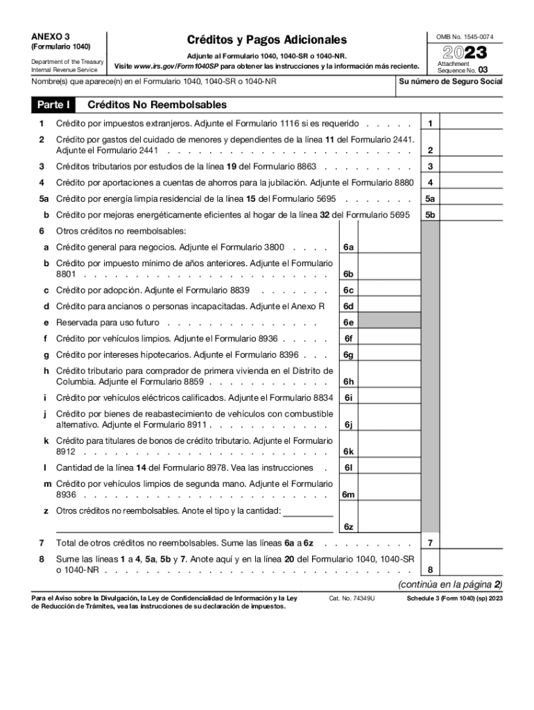  Schedule 3 Form 1040 SP Additional Credits and Payments Spanish Version 2023-2024