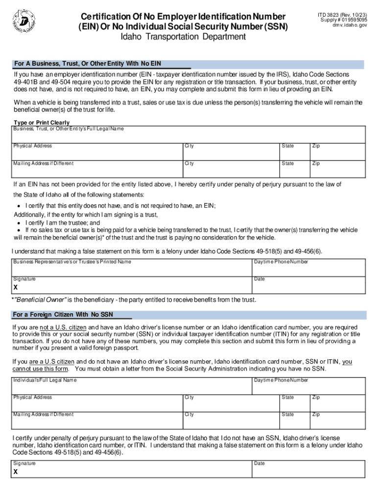 Form ITD3823 Certification of No Employer Identification