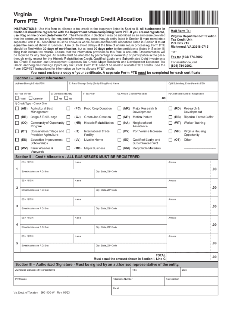  Form PTE Virginia Pass through Credit Allocation Virginia Form PTE Pass through Credit Allocation 2021