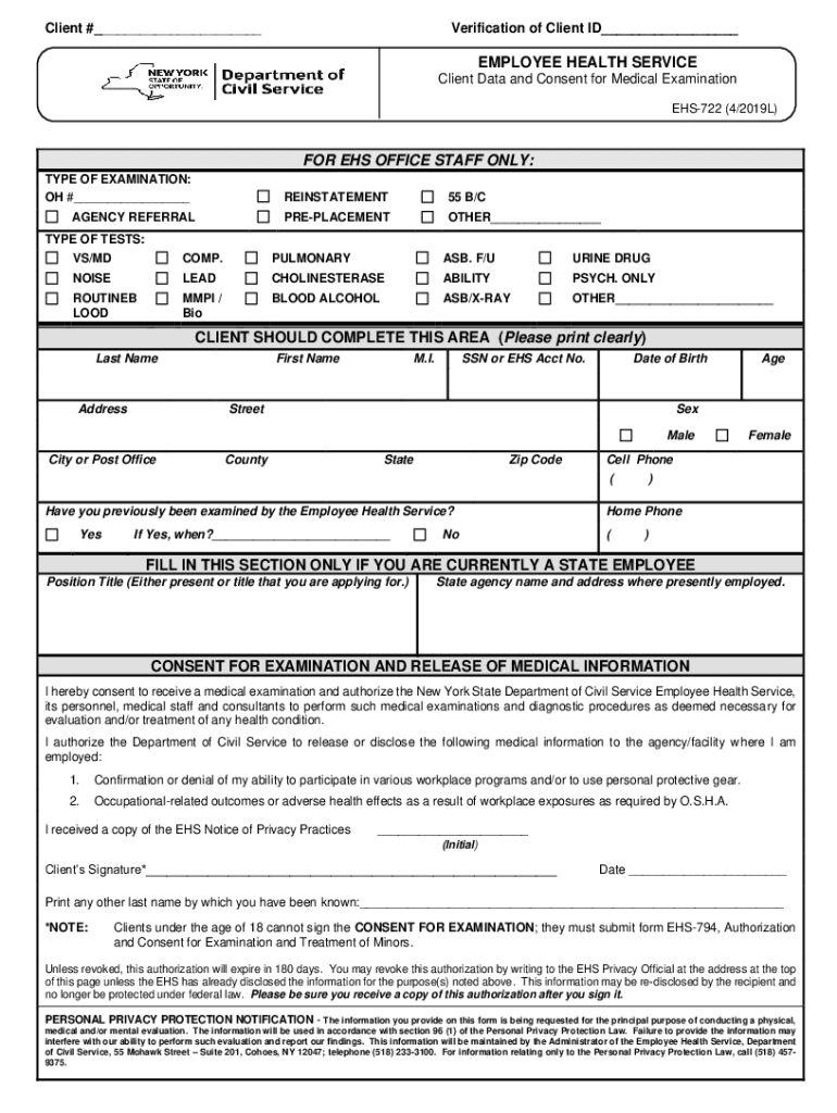 New York State Employee Health Service Form EHS 722