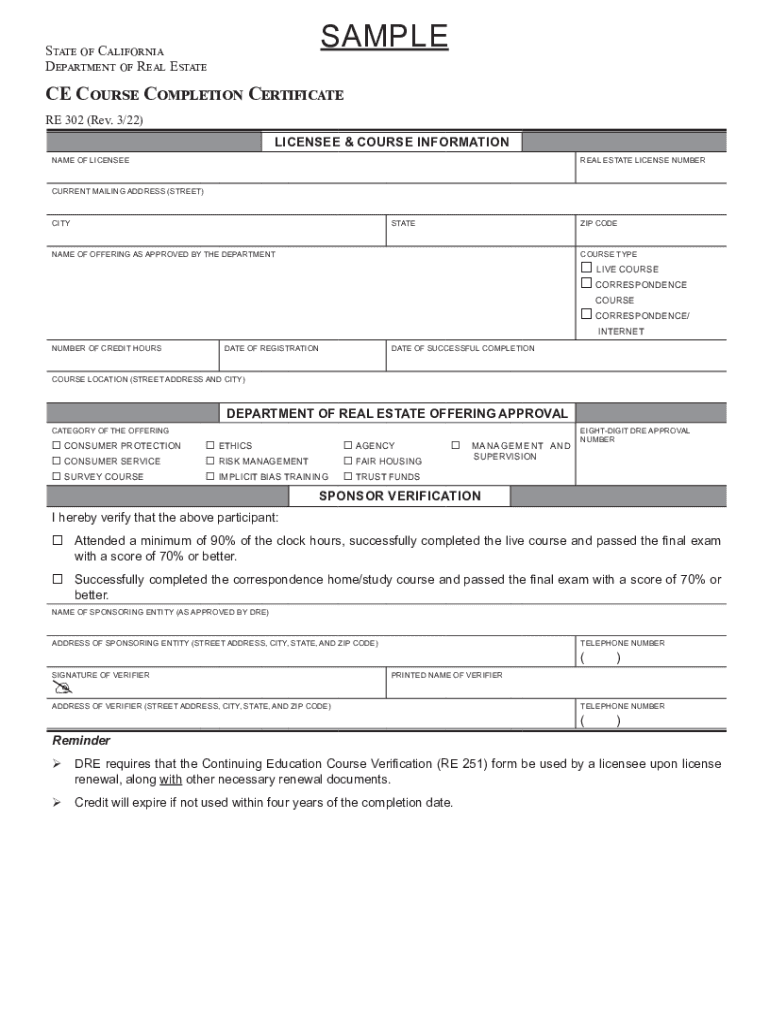 CE Course Completion Certificate RE 302, Rev 815  Form