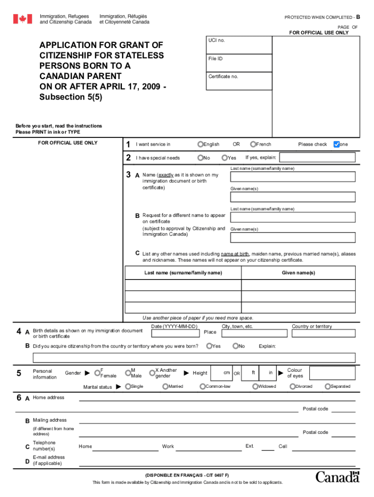 Application for Grant of Citizenship for Stateless Persons  Form