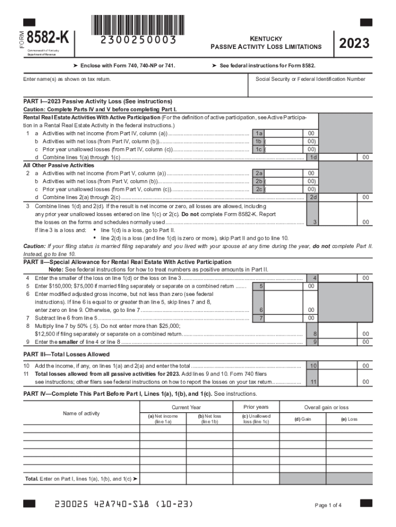 8582 K Kentucky Passive Activity Loss Limitations Form