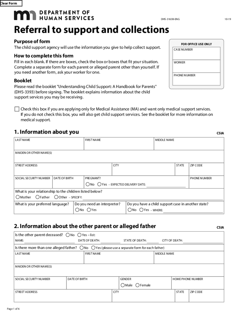 DHS 3163B ENG Referral to Support and Collections This Form is Used by Minnesota Family Investment Program, Diversionary Work Pr