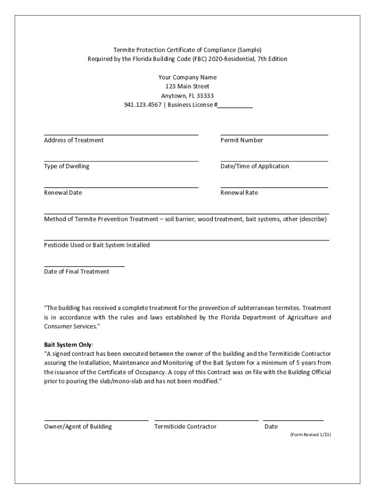 Termite Protection Sample Certificate of Compliance  Form