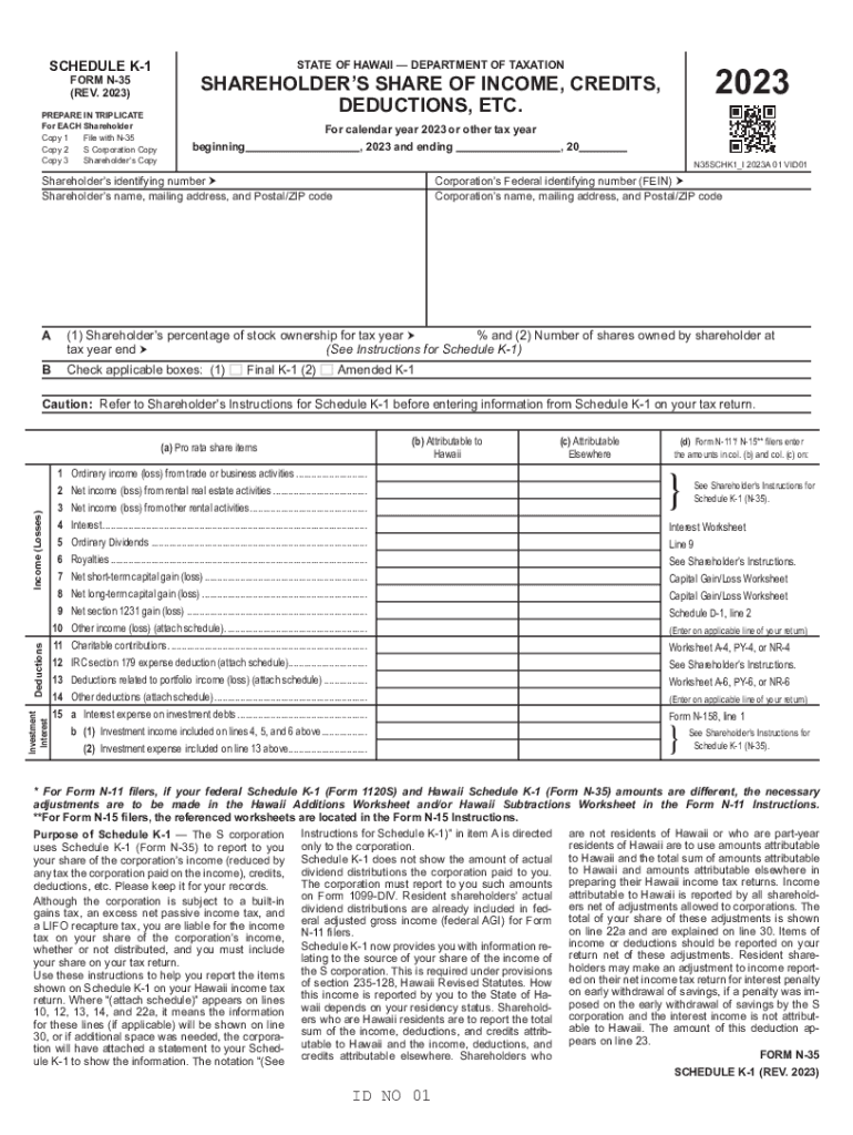  Form HI DoT N 20 Schedule K 1 Fill Online 2023-2024