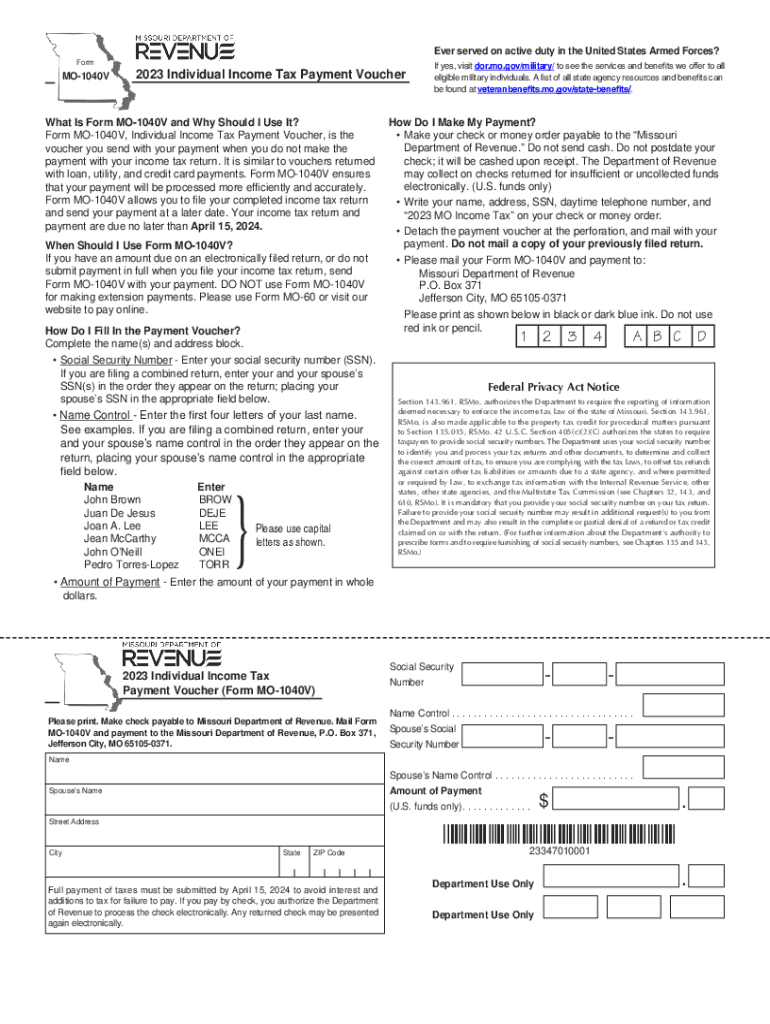  Form MO 1040V Individual Income Tax Payment Voucher 2023-2024