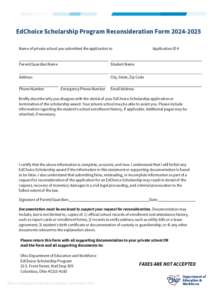  EdChoice Scholarship Program Reconsideration Form 2024
