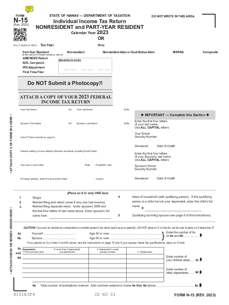  Hawaii Form N 15 Individual Income Tax Return 2023-2024