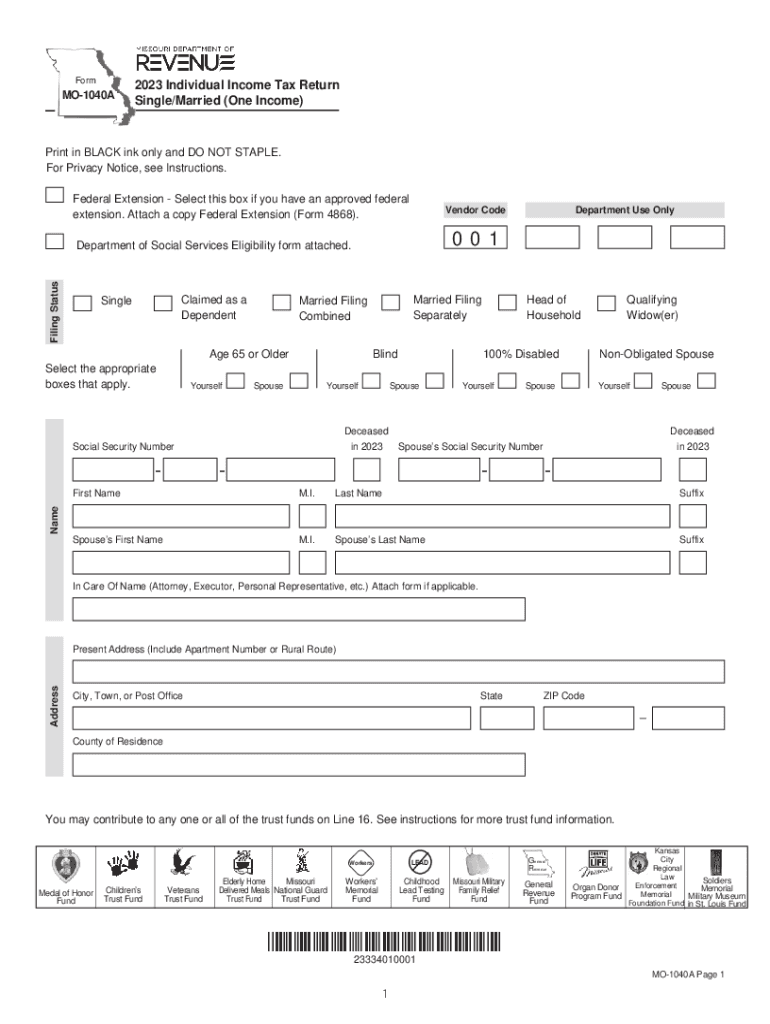  Form MO 1040A Individual Income Tax Return SingleMarried One Income 2023-2024