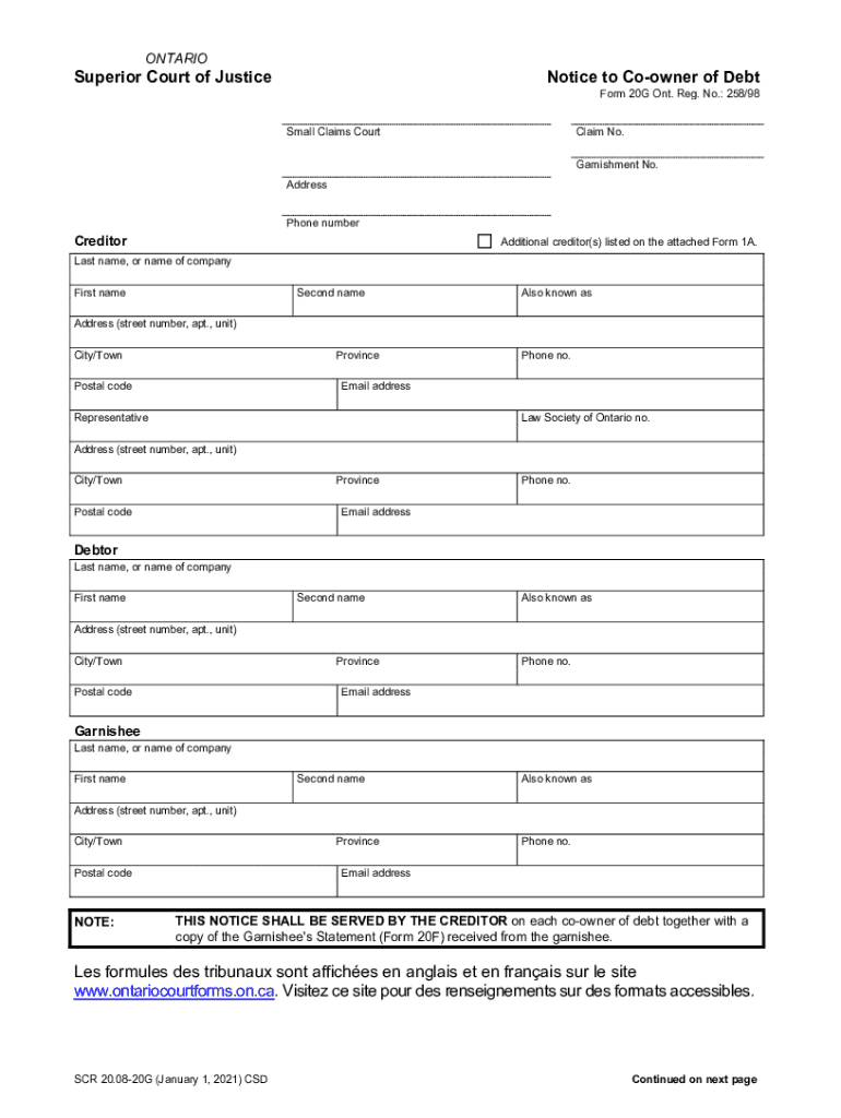 Ontario Superior Court Notice to Co Owner of Debt  Form