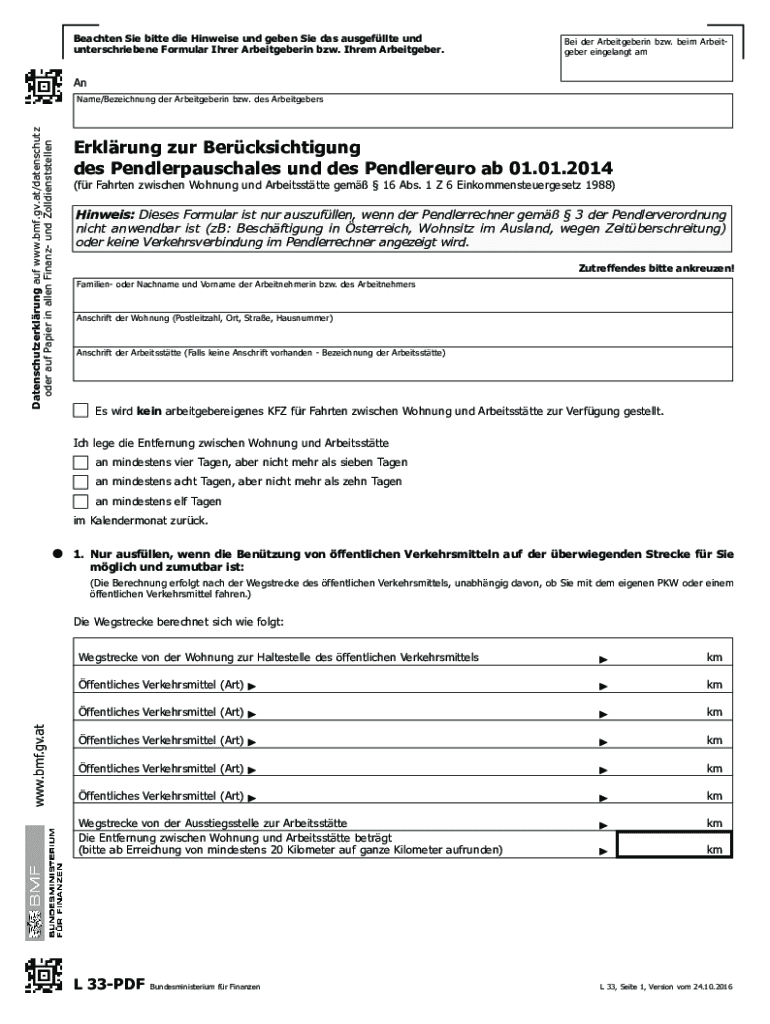  L33 Erkl Rung Zur Ber Cksichtigung Des Pendler Pauschales Ab 1 1 Formular 2016-2024