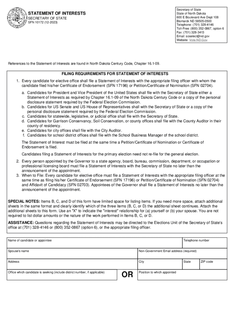 Statement of Interests Secretary of State Financial Disclosures  Form