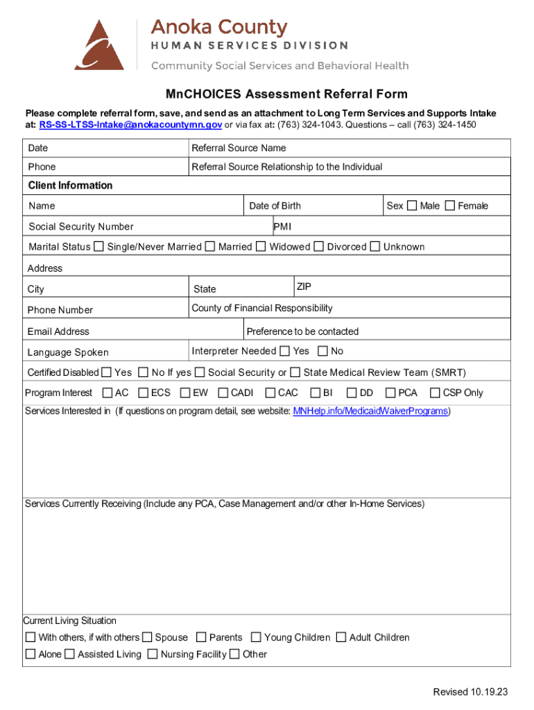 Fillable Online MnCHOICES Referral Form Anoka County