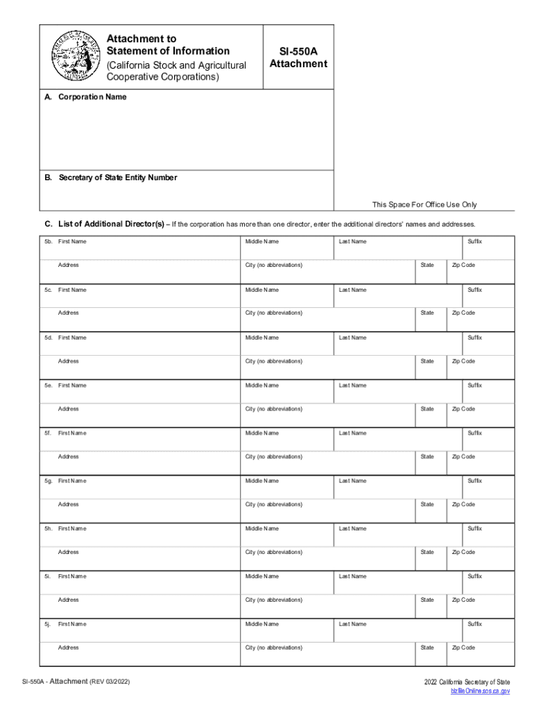 Attachment to Statement of Information California Stock and Agricultural Cooperative Corporations Form SI 550A