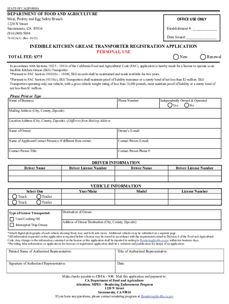 Inedible Kitchen Grease Transporter Registration Application Personal Use  Form