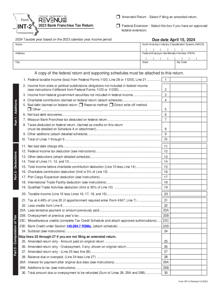 Form INT 2 Bank Franchise Tax Return