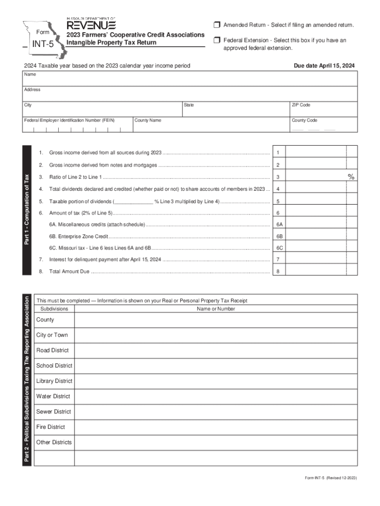 Form INT 5 Farmers Cooperative Credit Associations Intangible Property Tax Return