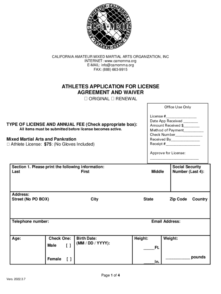 ATHLETES APPLICATION for LICENSE  Form
