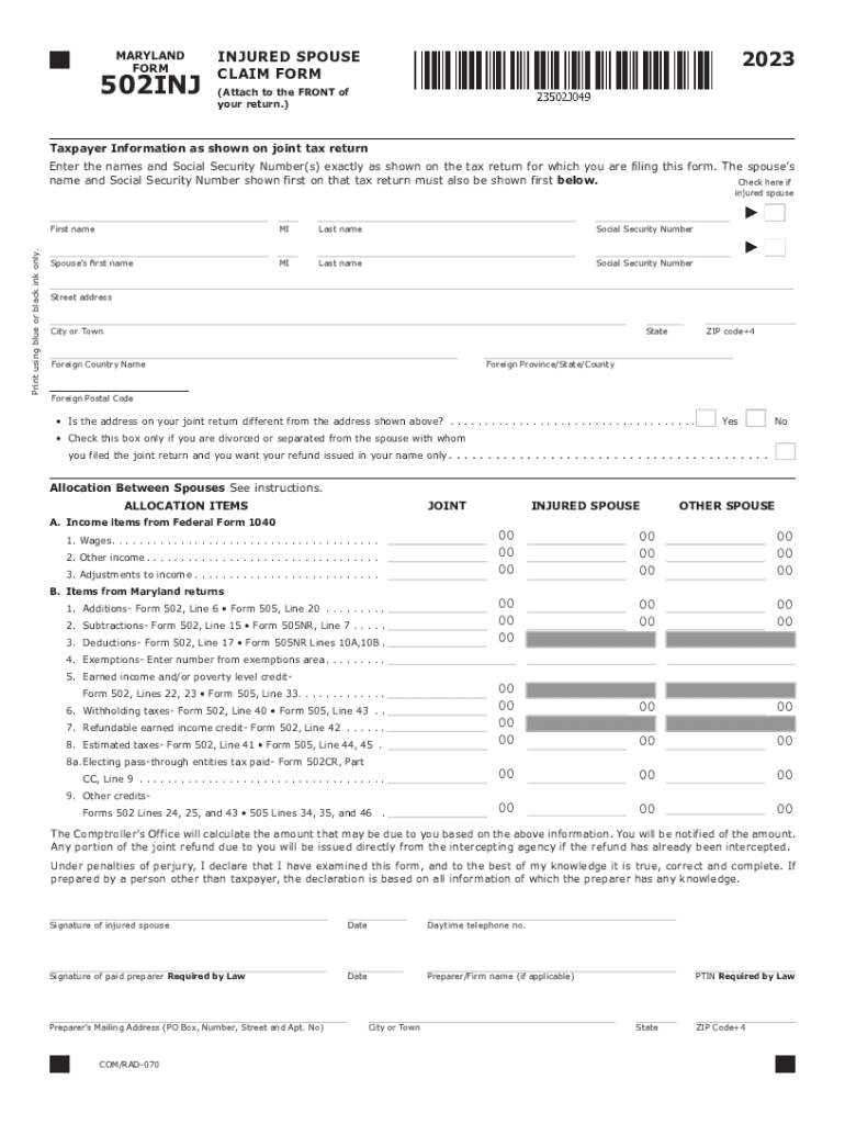  Tax Year 502INJ Injured Spouse Claim Form Tax Year 502INJ Injured Spouse Claim Form 2023-2024