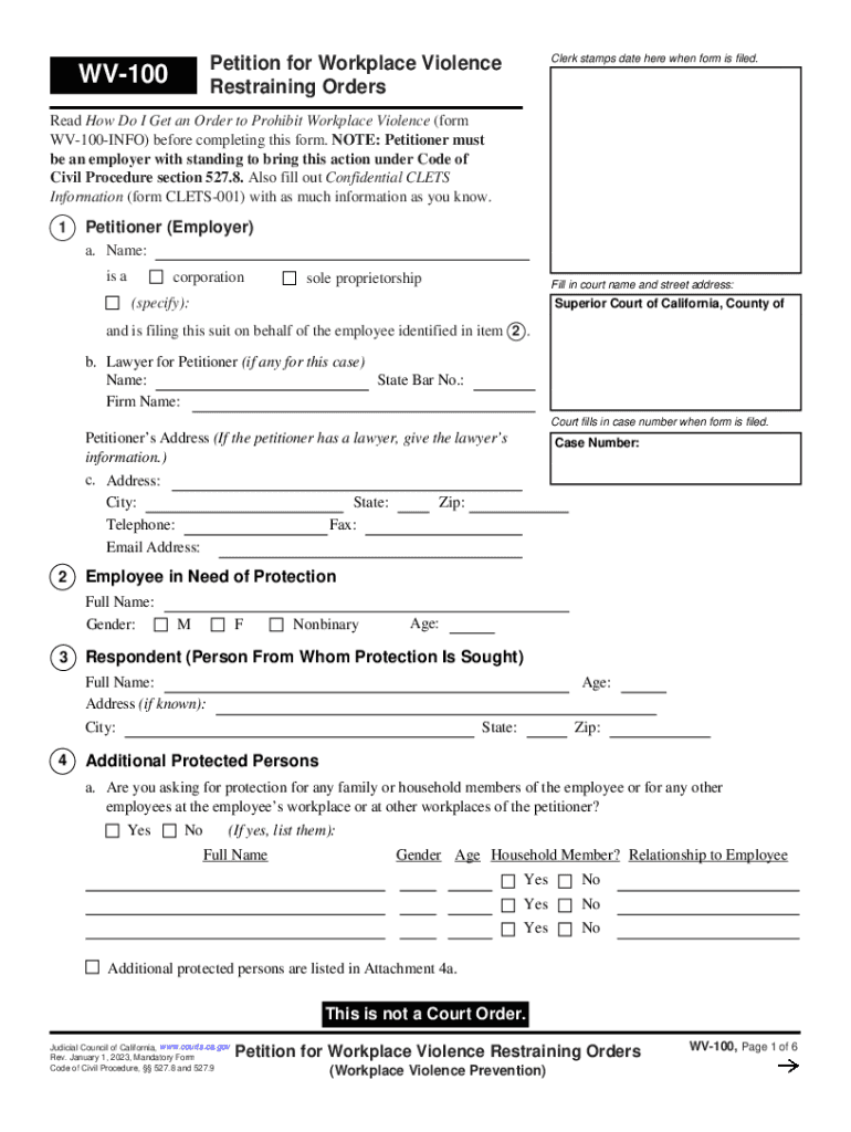  WV 100 Petition for Workplace Violence Restraining Orders 2012