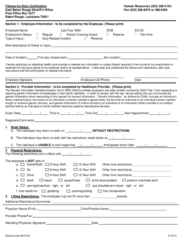 Fitness for Duty Form Fill and Sign Printable Template