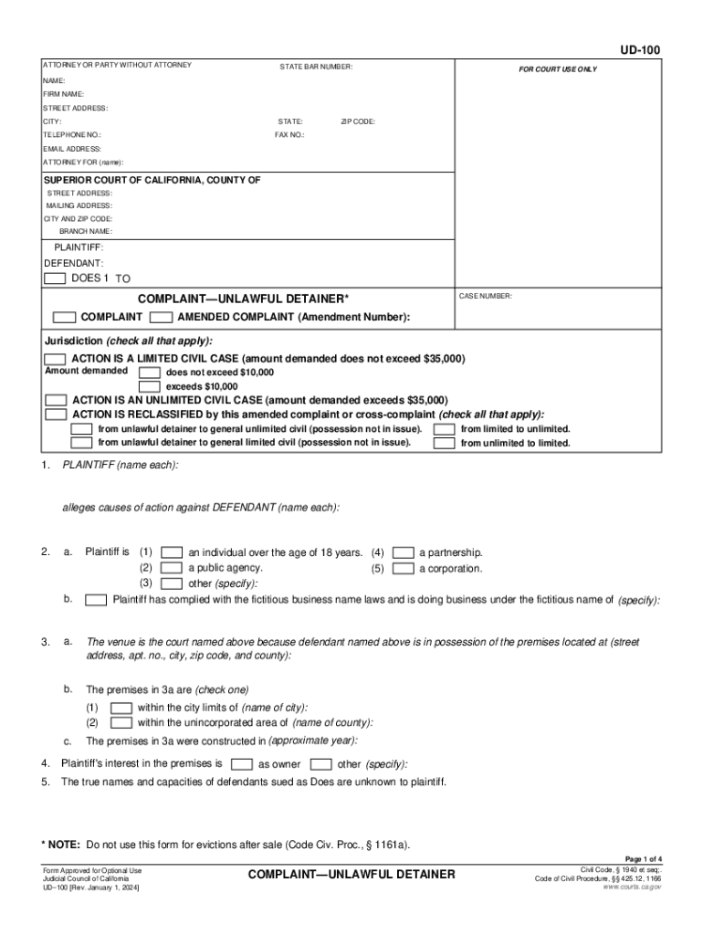  UD 100 Complaint Unlawful Detainer 2005