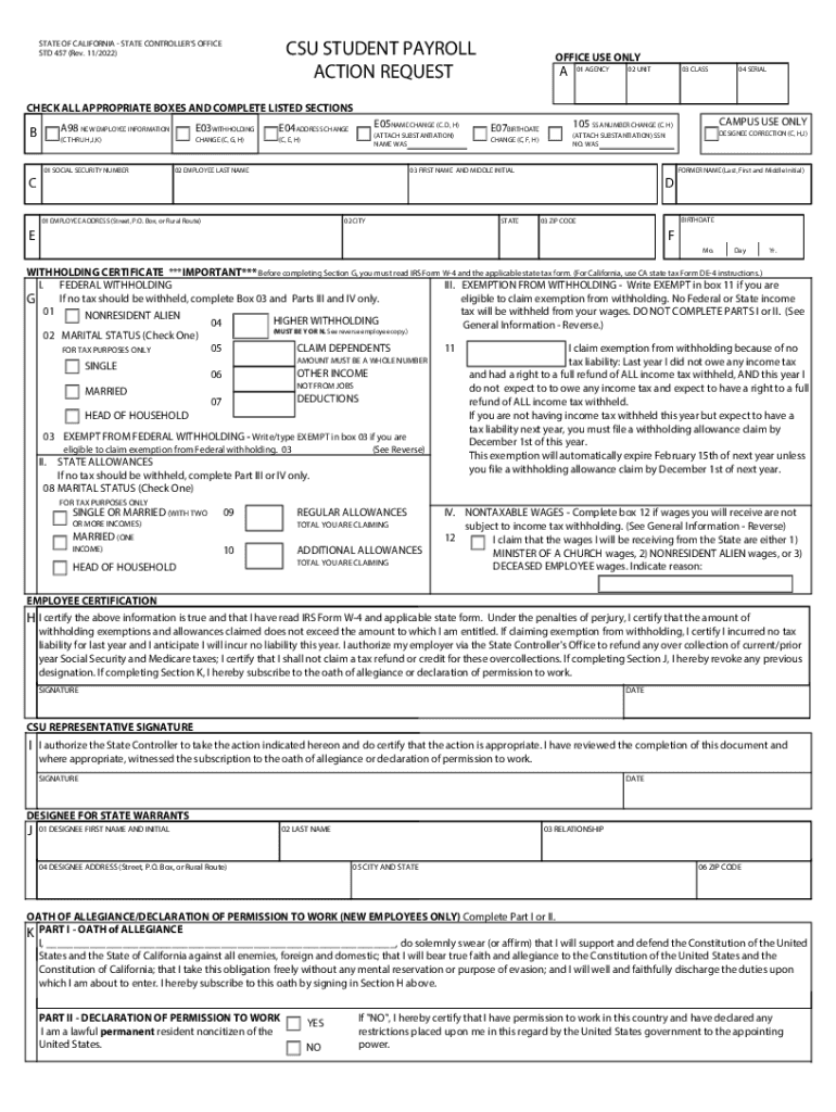  CSU STUDENT PAYROLL ACTION REQUEST STATE of CALIF 2022-2024