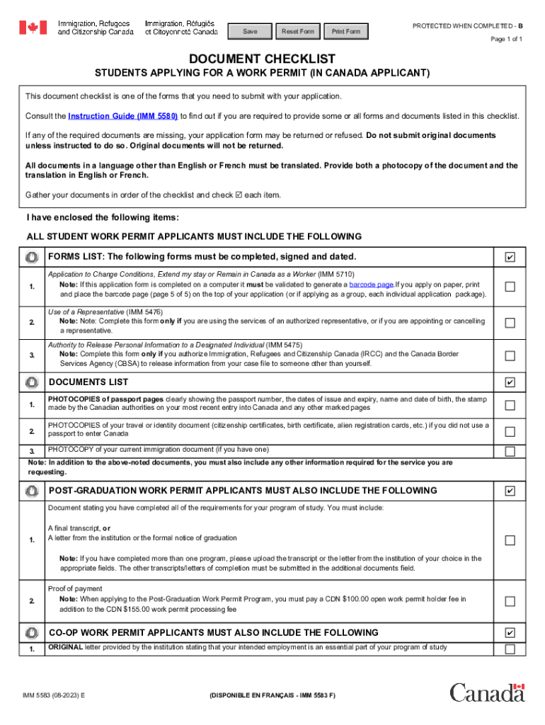  IMM 5583 E Document Checklist Students Applying for a Work Permit in Canada Applicant 2023-2024