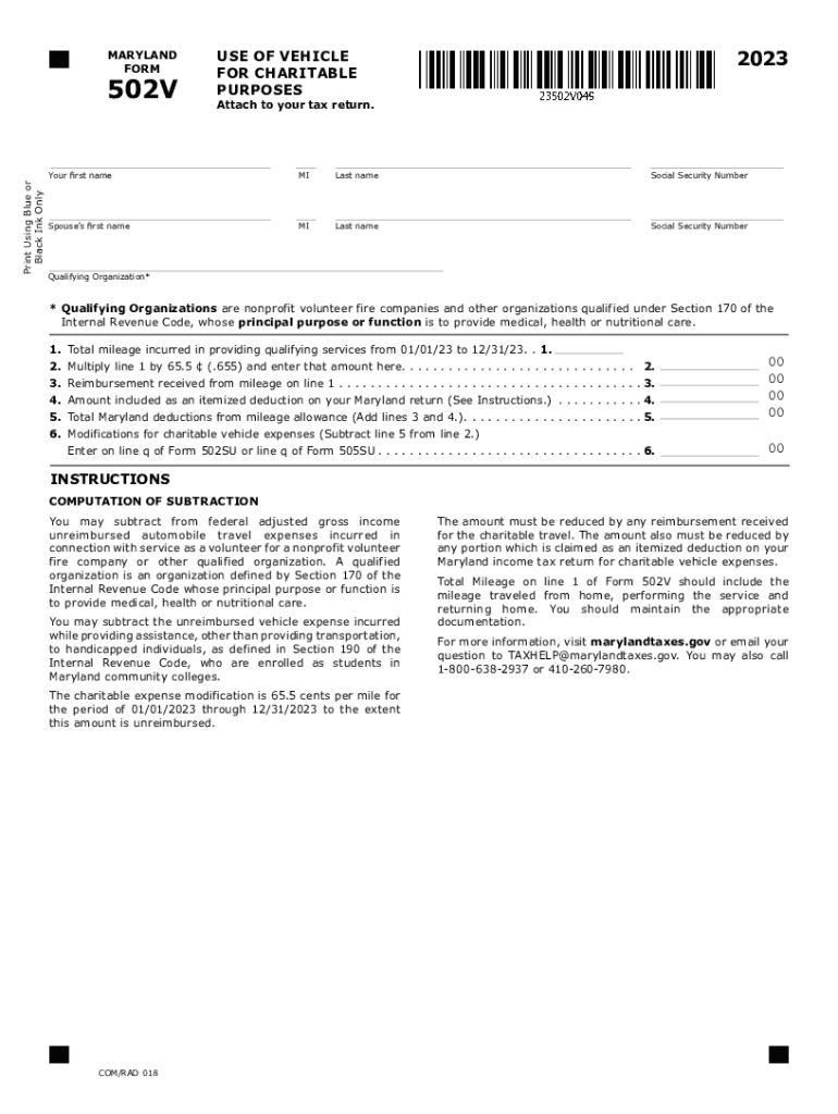  Tax Year 502V Use of Vehicle for Charitable Purposes 2023-2024