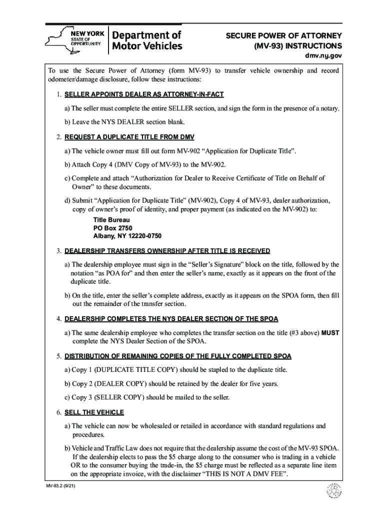 Secure Power of Attorney MV 93 Instructions  Form