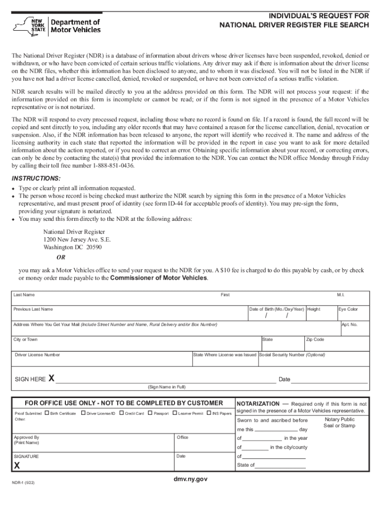 INDIVIDUAL S REQUEST for NATIONAL DRIVER REGISTER FILE SEARCH  Form