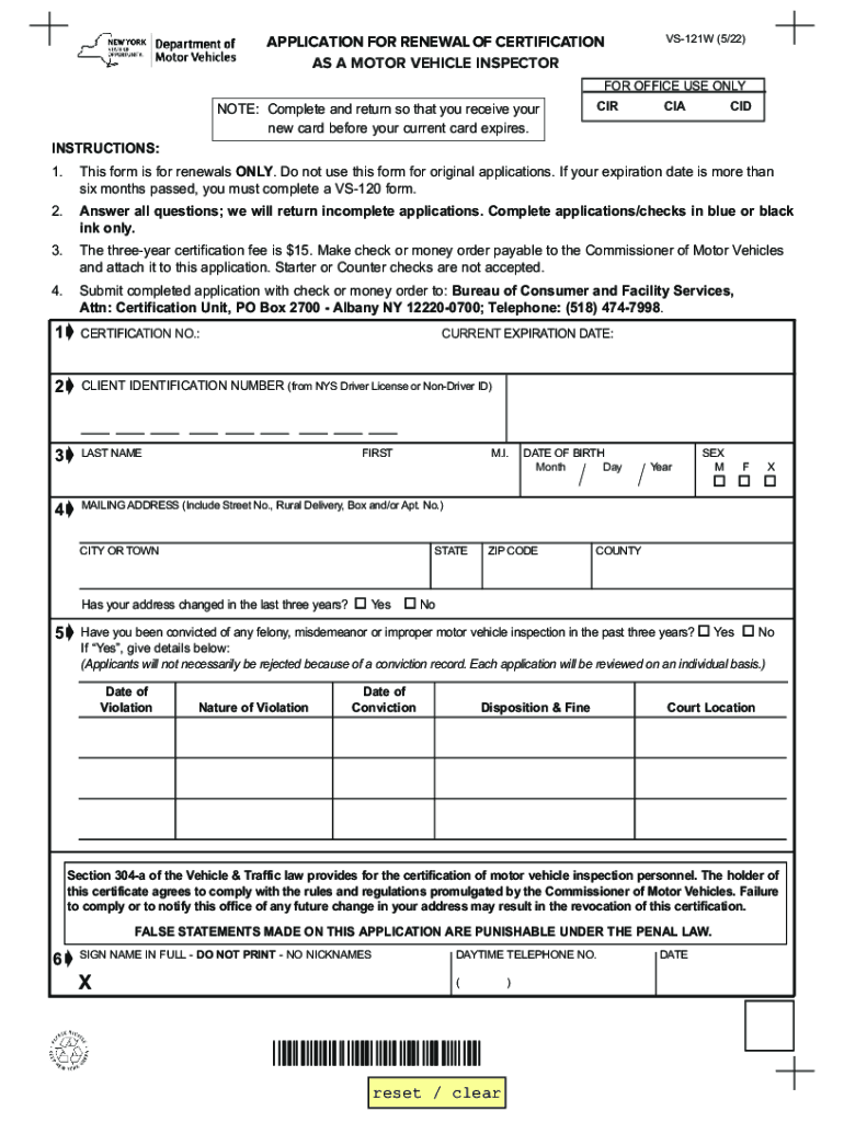  APPLICATION for RENEWAL of CERTIFICATION as a MOTOR VEHICLE INSPECTOR 2022-2024