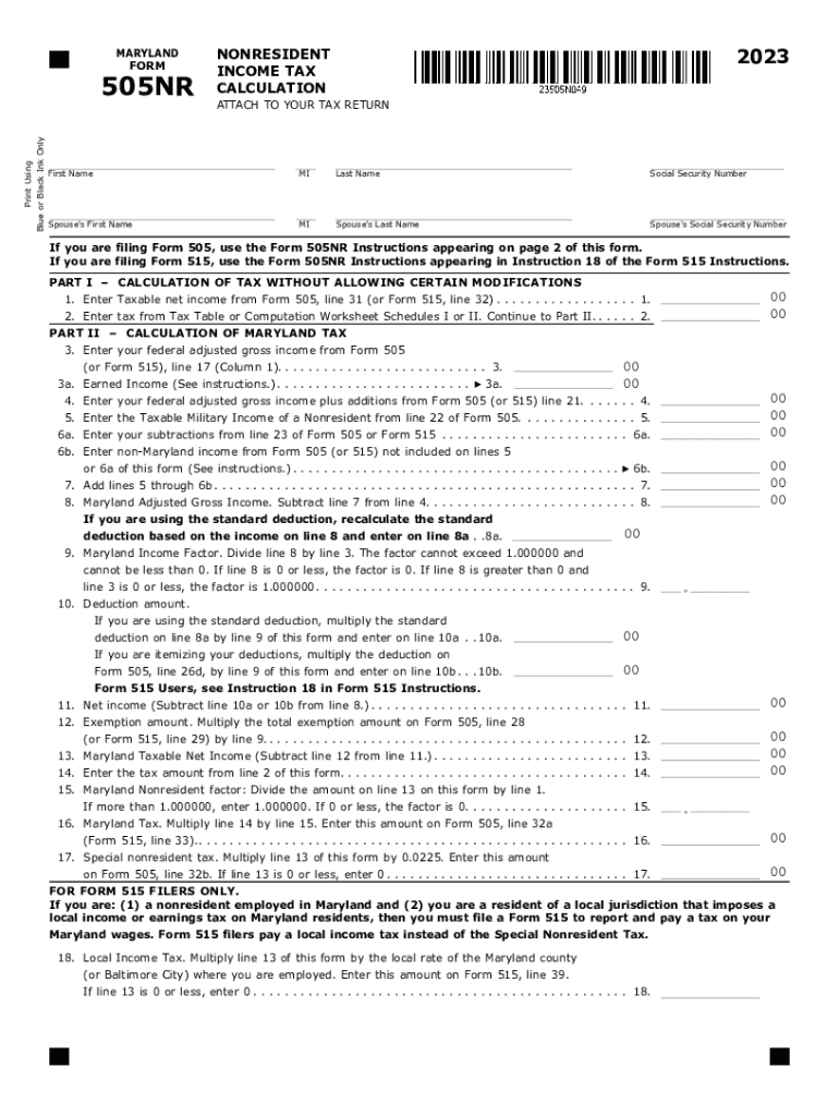  Form 505NR Non Resident Income Tax Calculation 505NR Non Resident Income Tax Calculation Comptroller of Maryland 2023-2024
